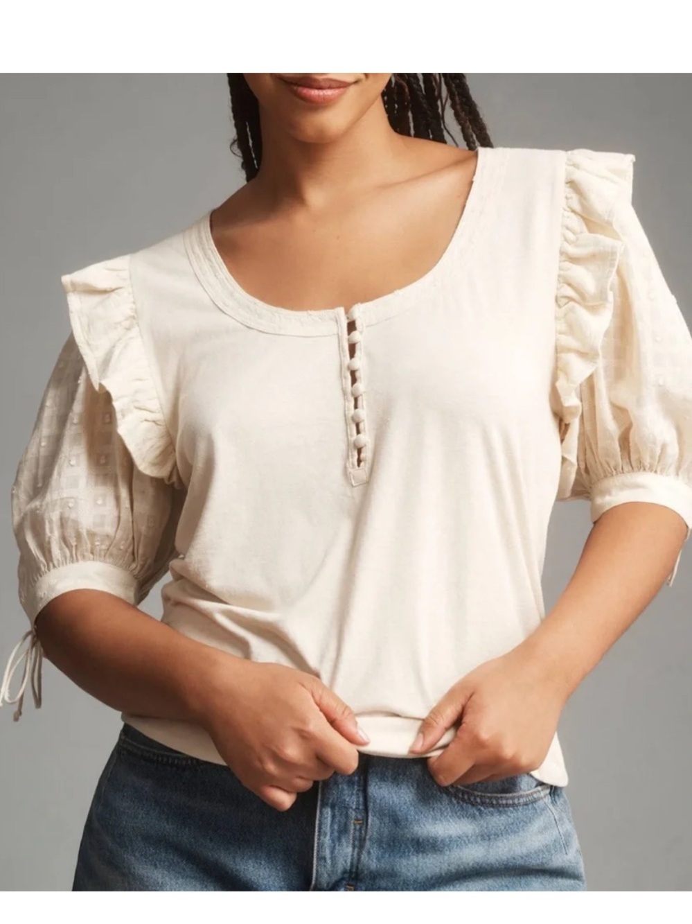 By Anthropologie Floral Embroidered Ruffle Button Top